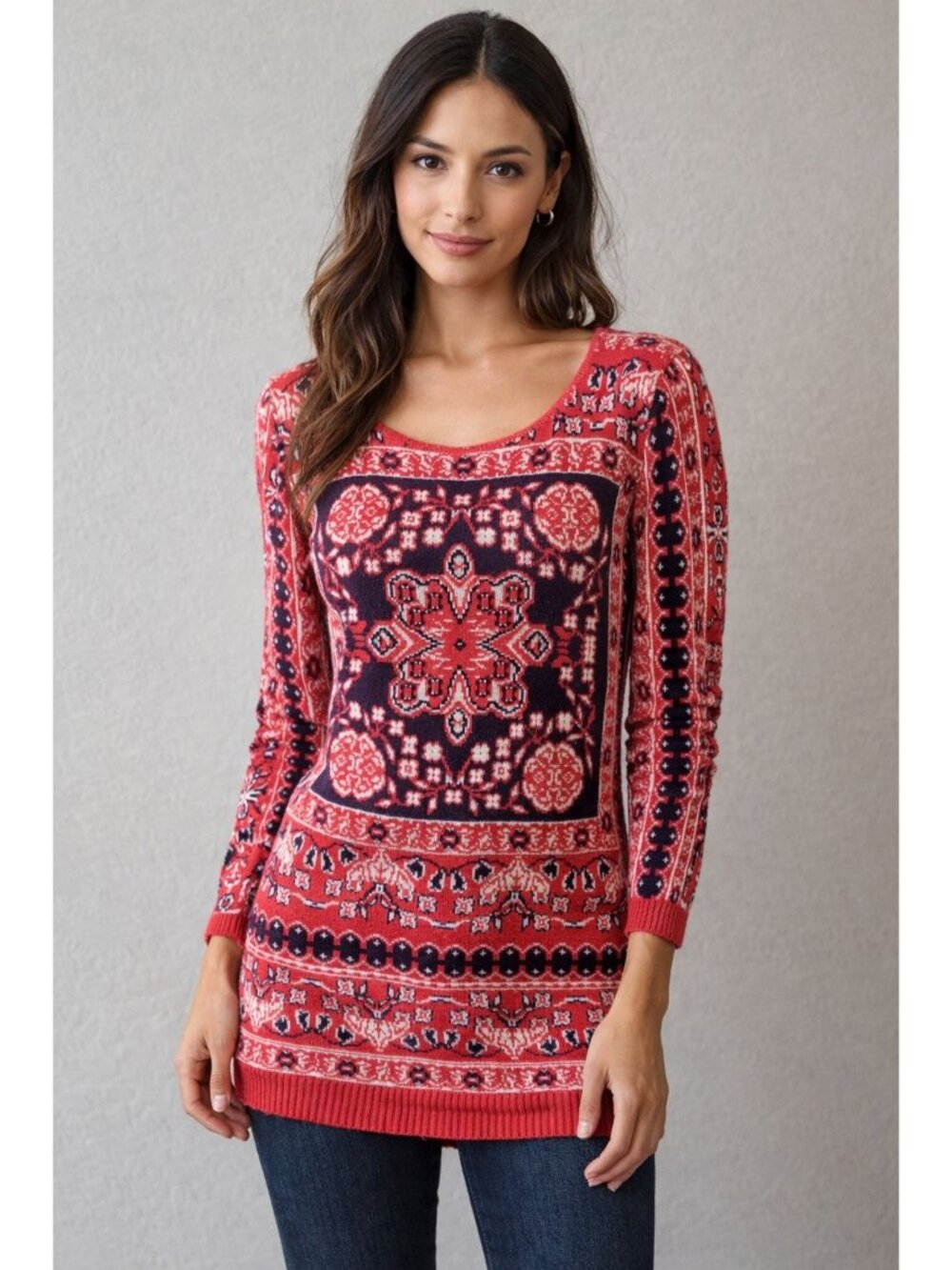 Cotton Emporium Red Nordic Type Tunic Sweater Size XS Aztec Western Cowgirl